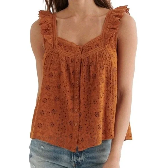Lucky Brand Orange Eyelet Flutter Sleeve Square Neck Button Front Tank Top M - Picture 1 of 6